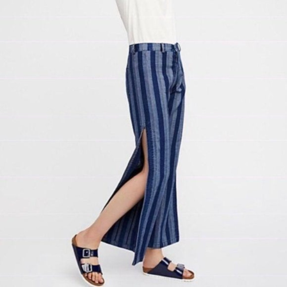Free People Blue Striped Soft Side Split Jeans High Rise Boho Retro Festival 29